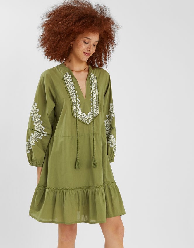 accessorize Embroidered Long Sleeve Mini Dress Green