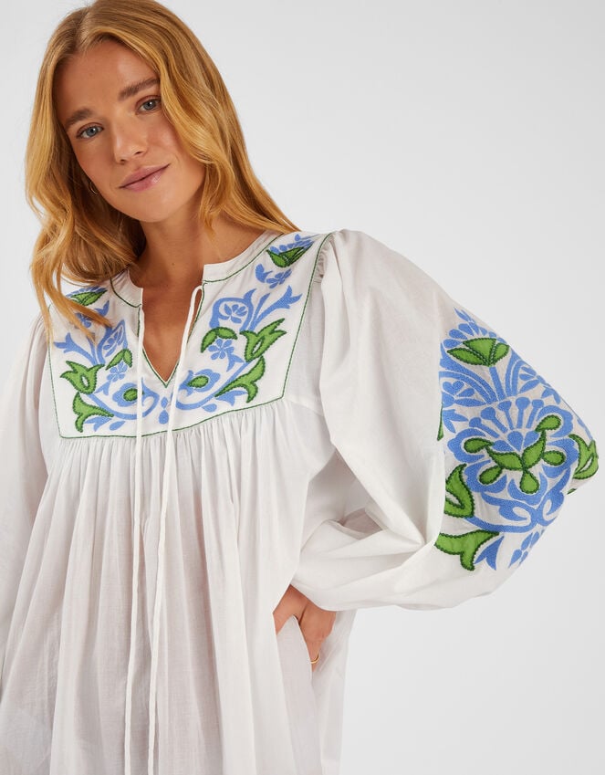 Accessorize Embroidered Long Sleeve Smock Dress White