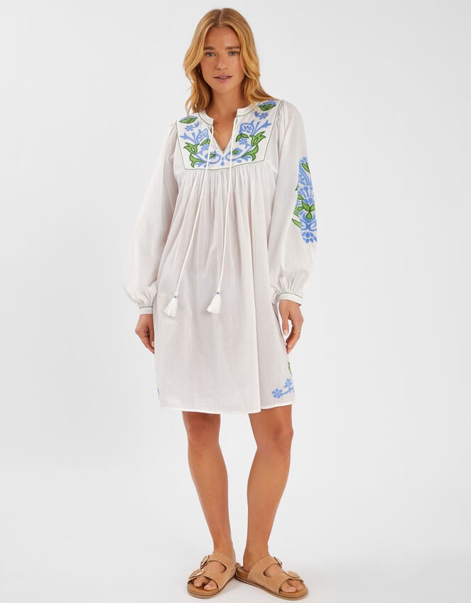 accessorize Embroidered Long Sleeve Smock Dress White