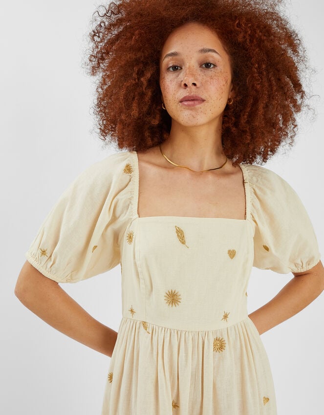 Accessorize Embroidered Puff Sleeve Maxi Dress Natural