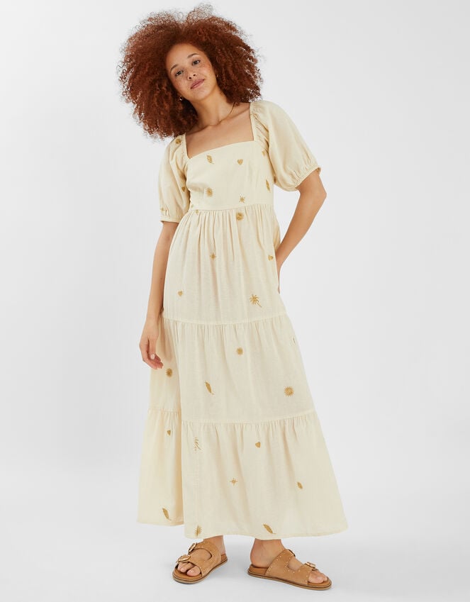 accessorize Embroidered Puff Sleeve Maxi Dress Natural
