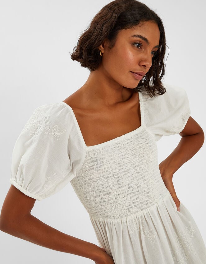 Accessorize Embroidered Puff Sleeve Midi Dress White