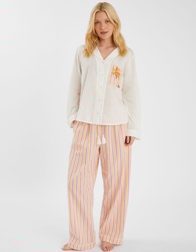 accessorize Embroidered Stripe Long Pyjamas Set Pink