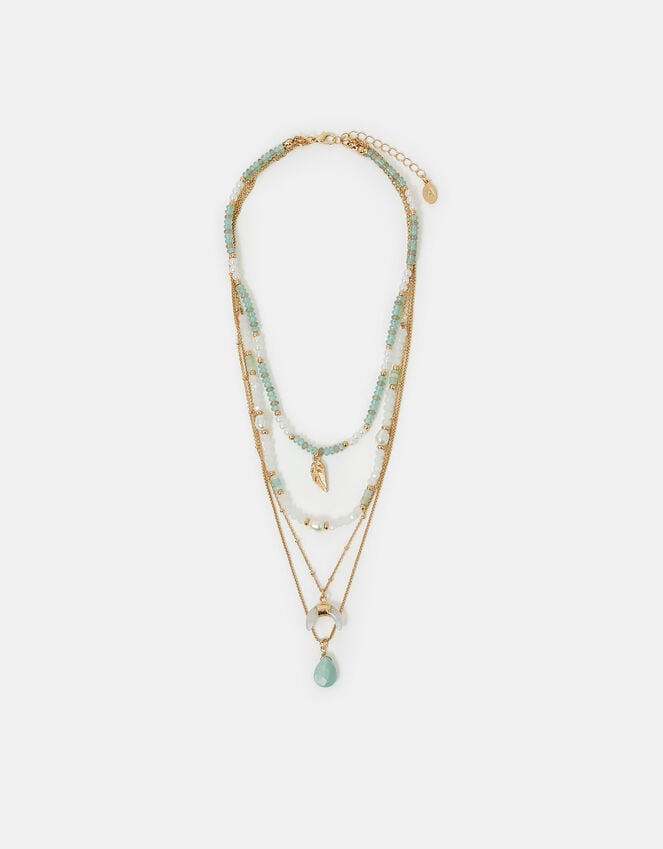 Accessorize Feather Pendant Bead Layered Necklace Turquoise