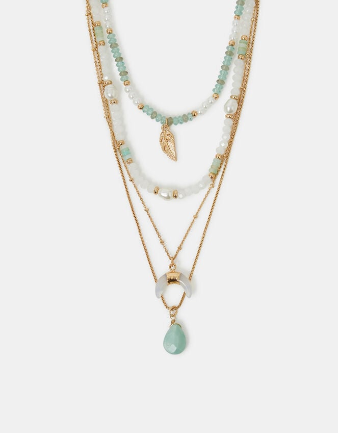 accessorize Feather Pendant Bead Layered Necklace Turquoise