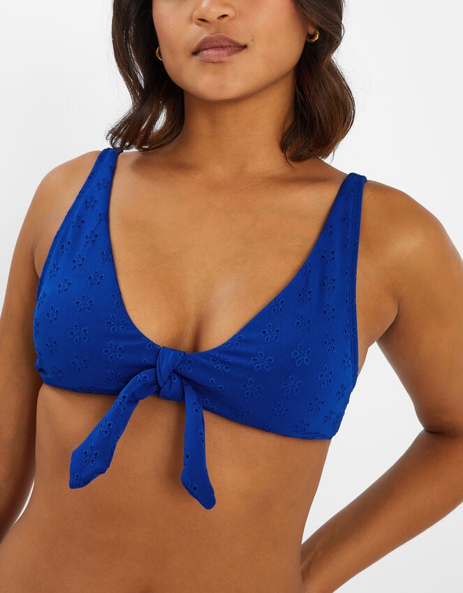 Accessorize Floral Broderie Tie-Front Bikini Top Blue