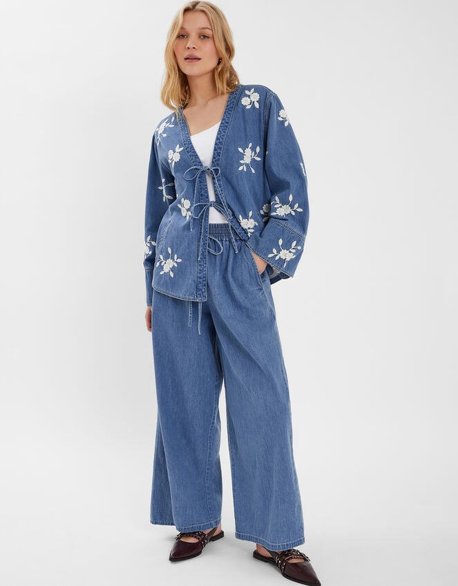 accessorize Floral Embroidered Chambray Tie Jacket Blue