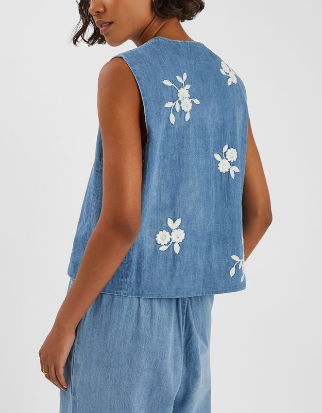 Accessorize Floral Embroidered Denim Waistcoat Blue