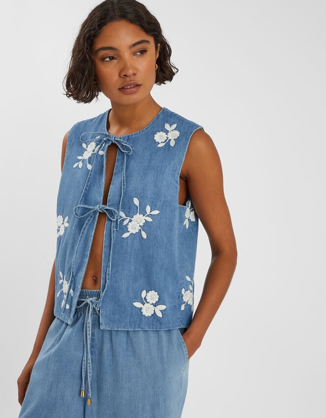 accessorize Floral Embroidered Denim Waistcoat Blue