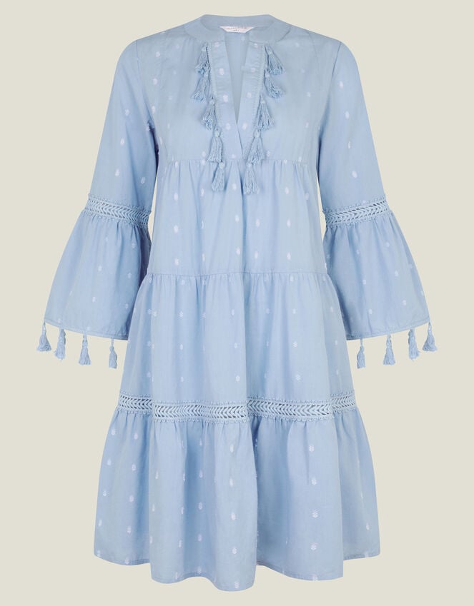 Accessorize Flute Sleeve Tassel Tiered Mini Dress Blue