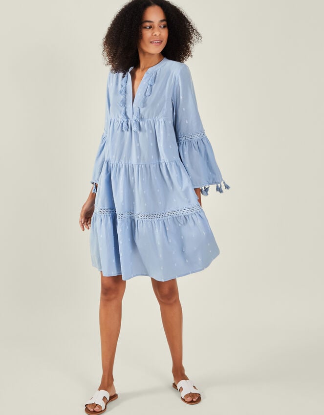 accessorize Flute Sleeve Tassel Tiered Mini Dress Blue
