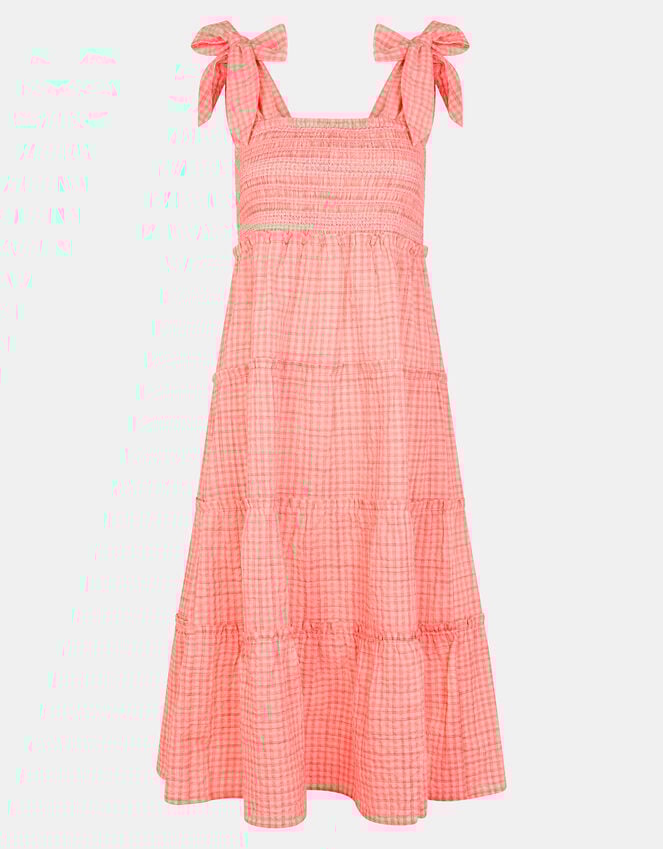 Accessorize Gingham Smocked Frilly Midi Dress Orange