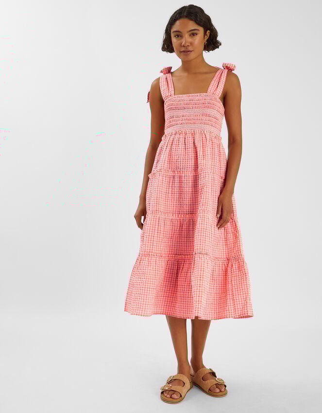 accessorize Gingham Smocked Frilly Midi Dress Orange