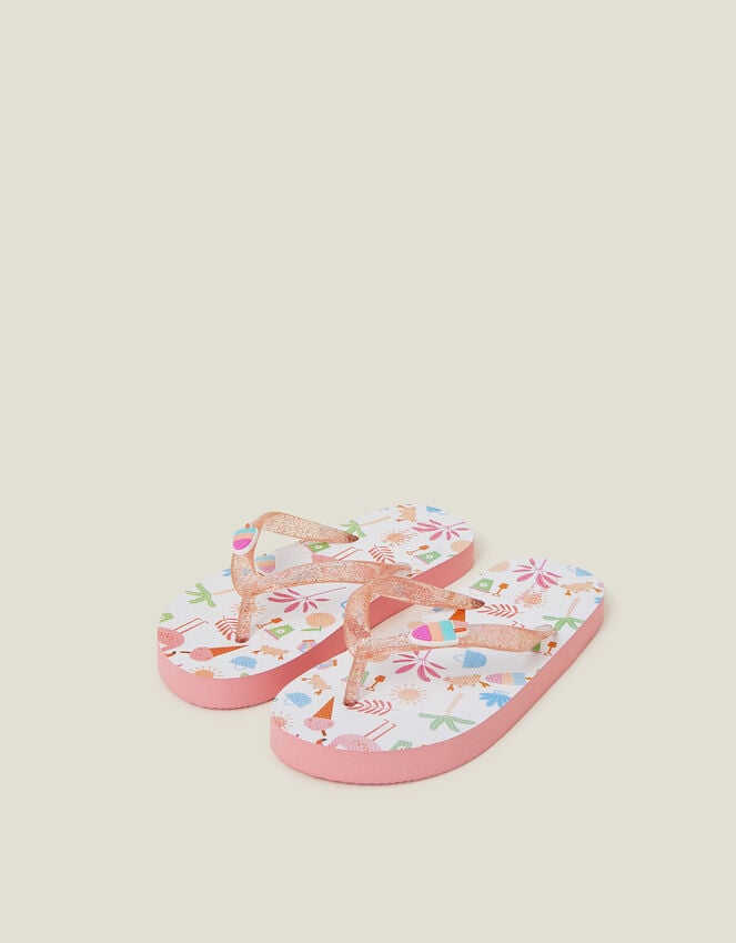 Accessorize Girls Beach Print Glitter Flip Flops Multi