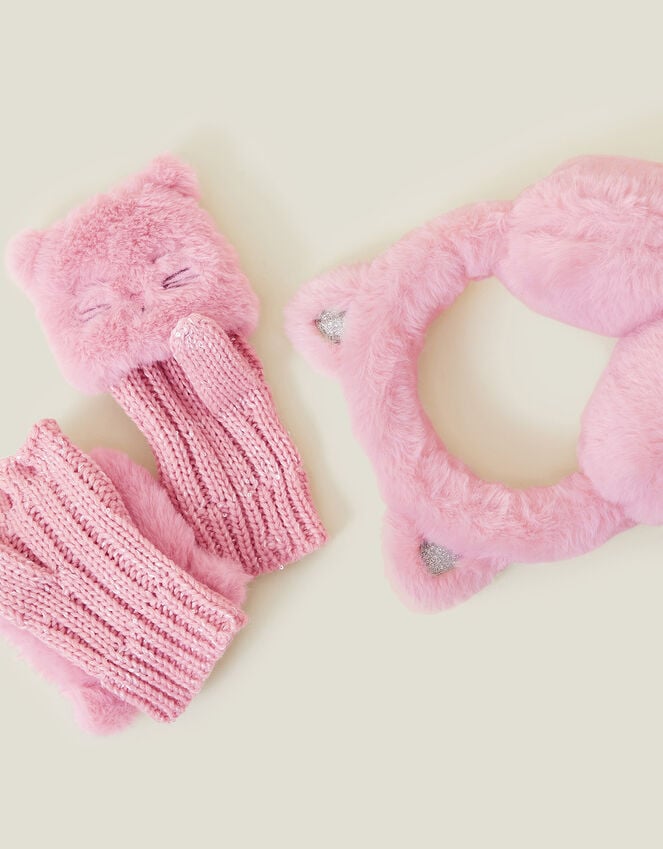 Accessorize Girls Cat Faux Fur Earmuffs And Gloves Set Pink