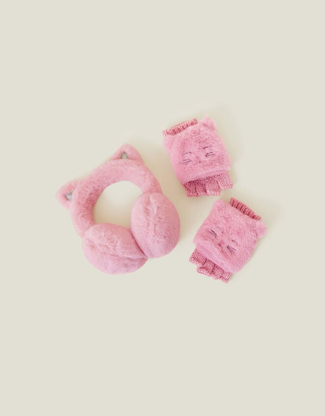 accessorize Girls Cat Faux Fur Earmuffs and Gloves Set Pink