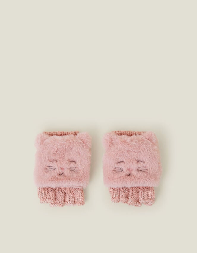 Accessorize Girls Cat Fingerless Mitten Gloves Pink