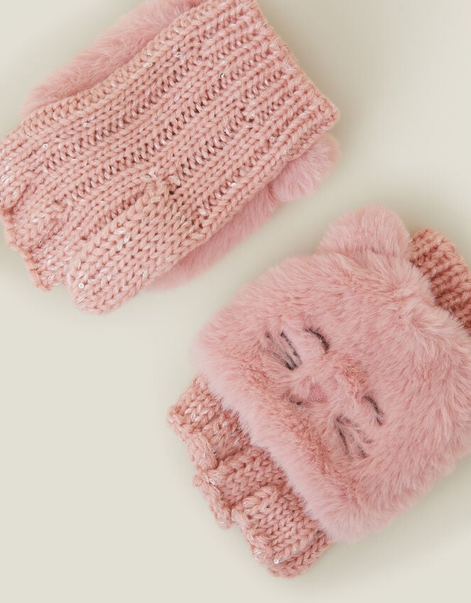 Accessorize Girls Cat Fingerless Mitten Gloves Pink
