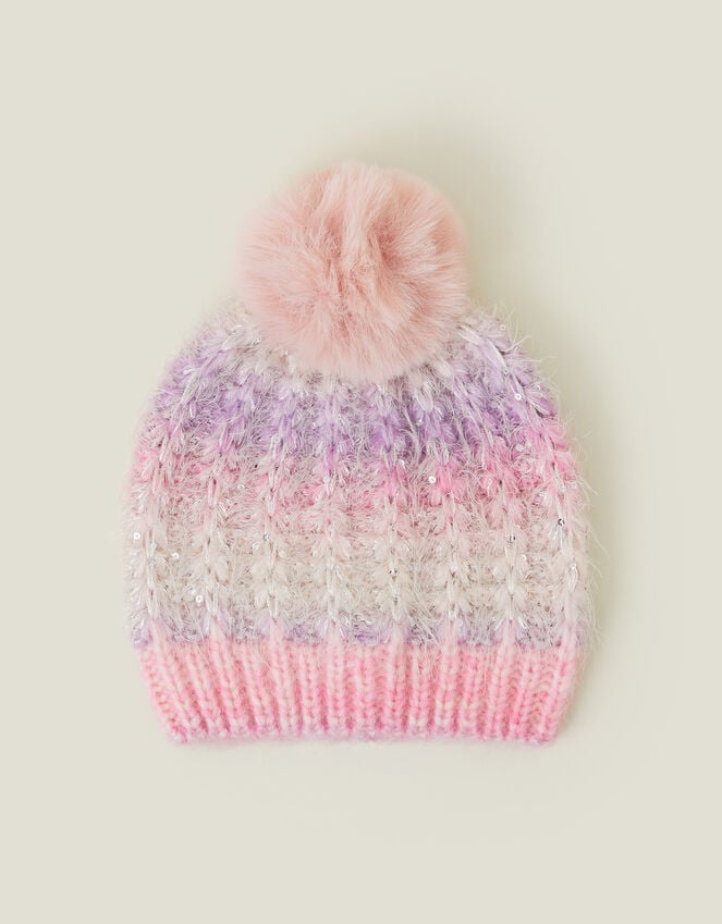Accessorize Girls Fluffy Pom Ombre Sequin Beanie Hat Purple