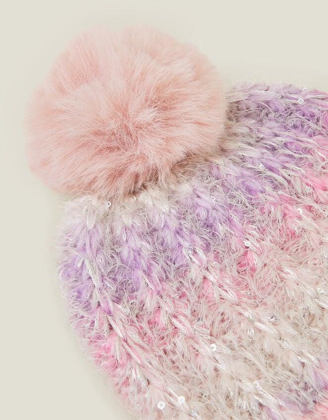 Accessorize Girls Fluffy Pom Ombre Sequin Beanie Hat Purple