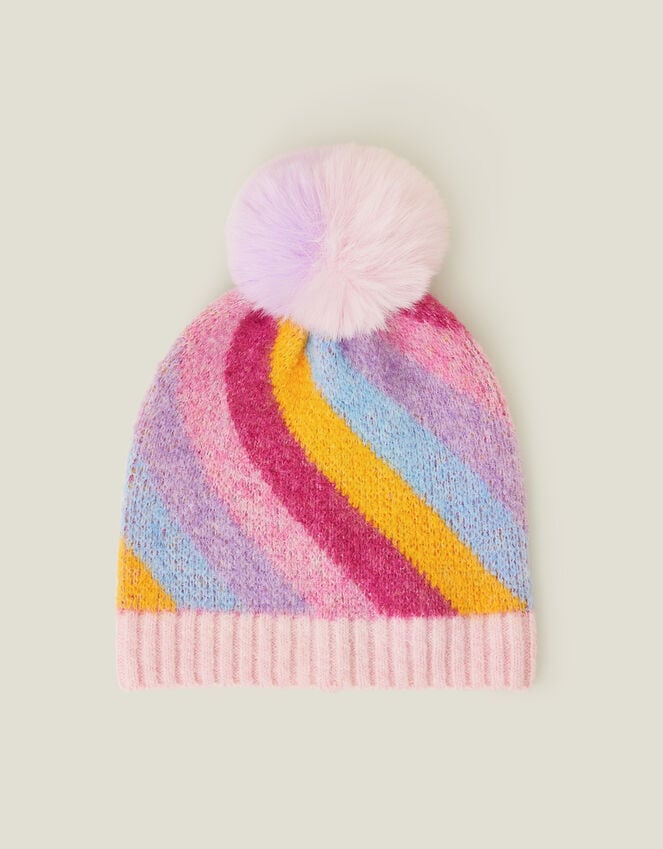 Accessorize Girls Stripe Fluffy Pom Beanie Hat Multi
