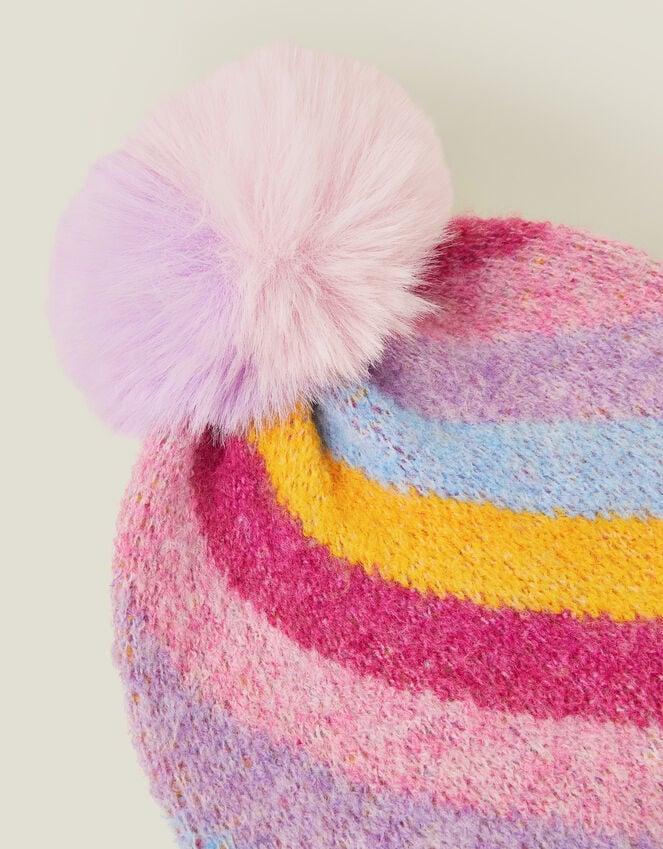 Accessorize Girls Stripe Fluffy Pom Beanie Hat Multi
