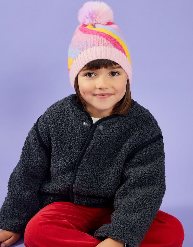 accessorize Girls Stripe Fluffy Pom Beanie Hat Multi