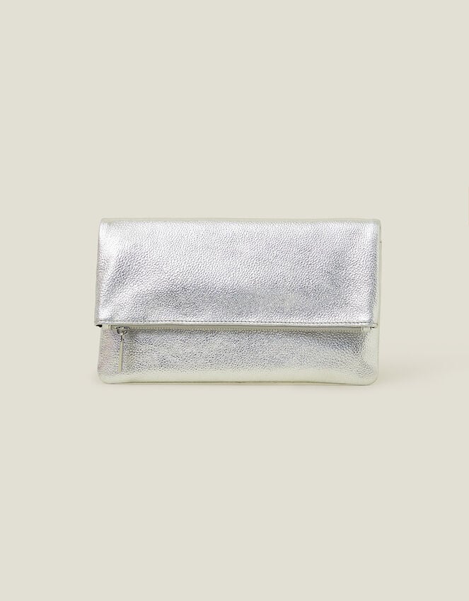 Accessorize Leather Metallic Fold Over Clutch Silver