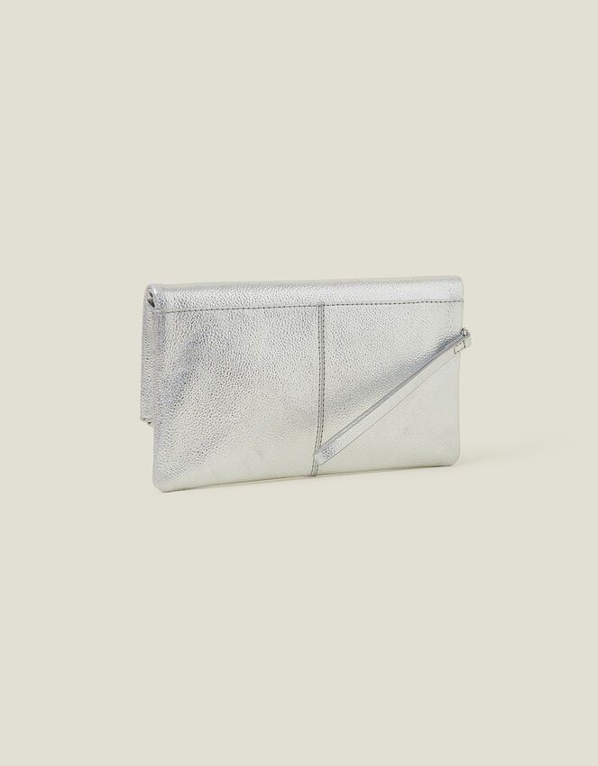 Accessorize Leather Metallic Fold Over Clutch Silver