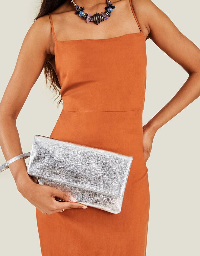 accessorize Leather Metallic Fold Over Clutch Silver