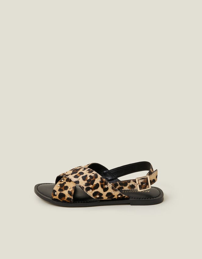Accessorize Leopard Print Cross Strap Leather Sandals Leopard