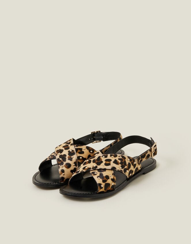 accessorize Leopard Print Cross Strap Leather Sandals Leopard