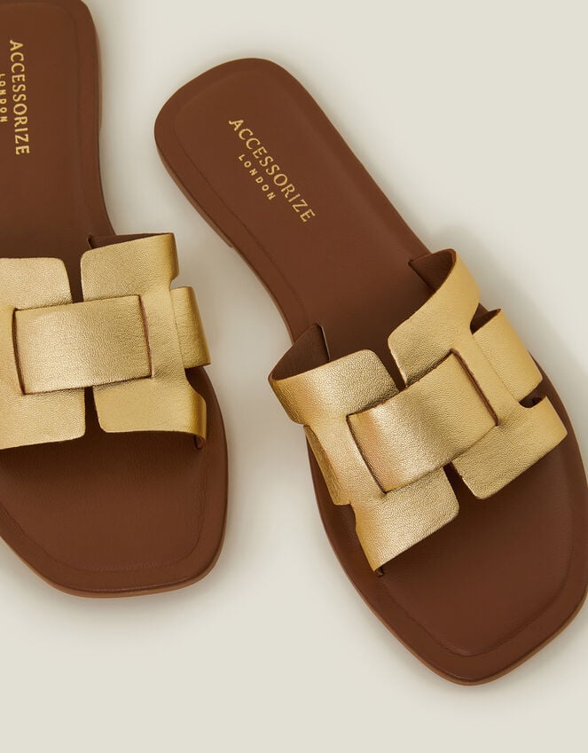 Accessorize Metallic Leather Cut-Out Slide Sandals Gold