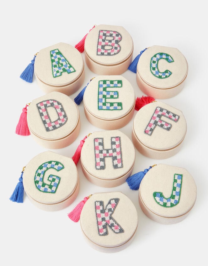 Accessorize Mini Round Initial Embellished Jewellery Box Natural