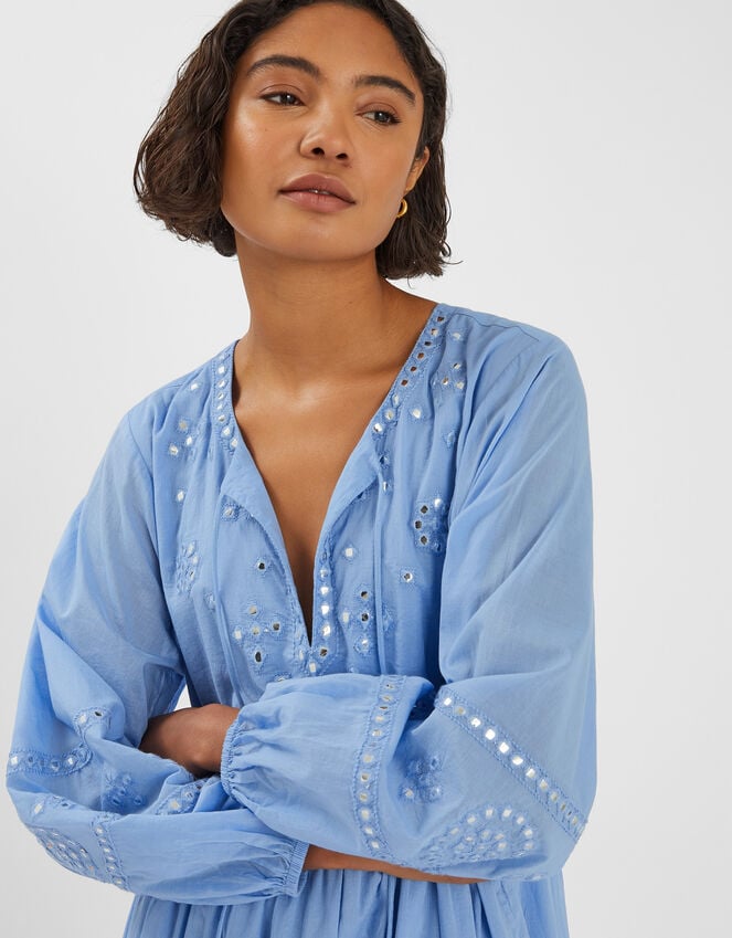 Accessorize Mirror Embellished Long Sleeve Midi Dress Blue