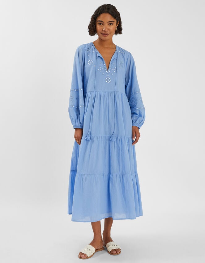 accessorize Mirror Embellished Long Sleeve Midi Dress Blue