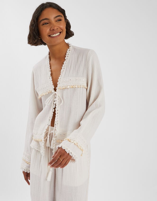 accessorize Mirror Embellished Long Sleeve Tie Top Ivory