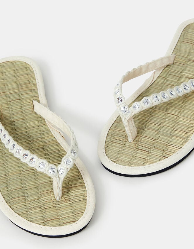 Accessorize Mirror Embellished Seagrass Flip Flops Cream