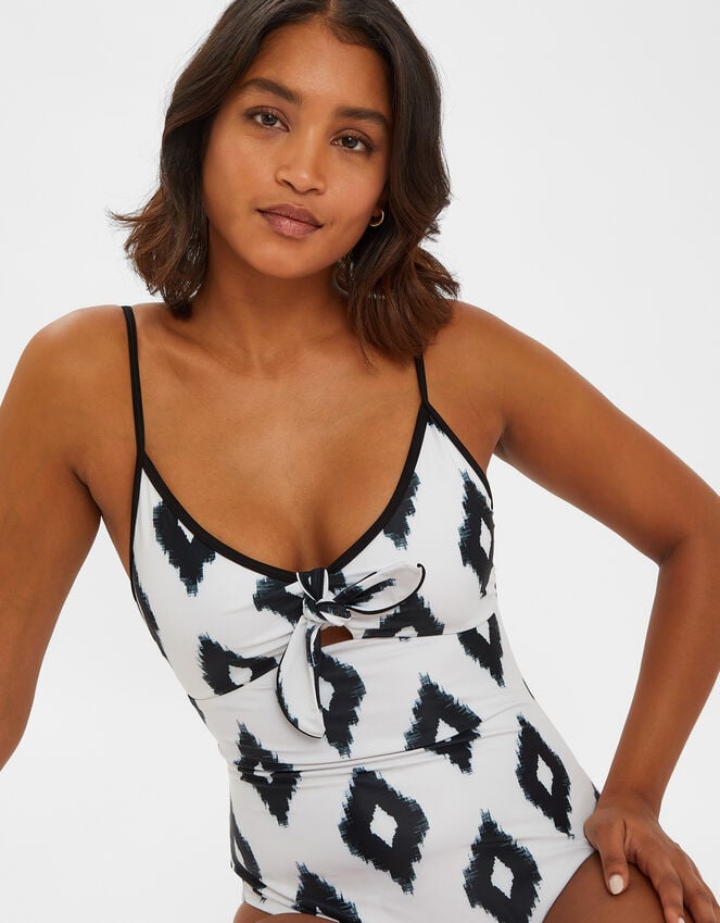 Accessorize Monochrome Print Tie Front Swimsuit Ivory