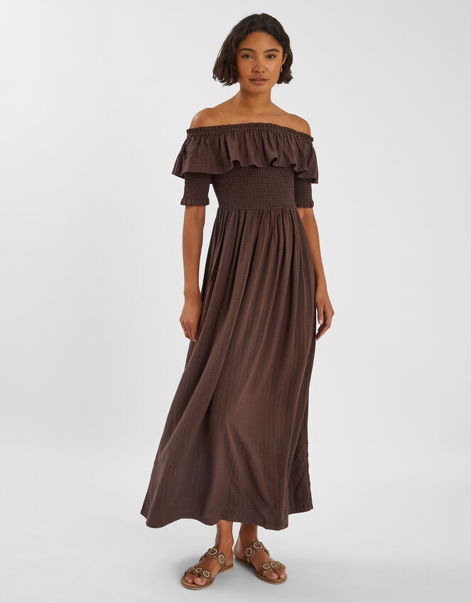 accessorize Off-The-Shoulder Smocked Maxi Dress Brown