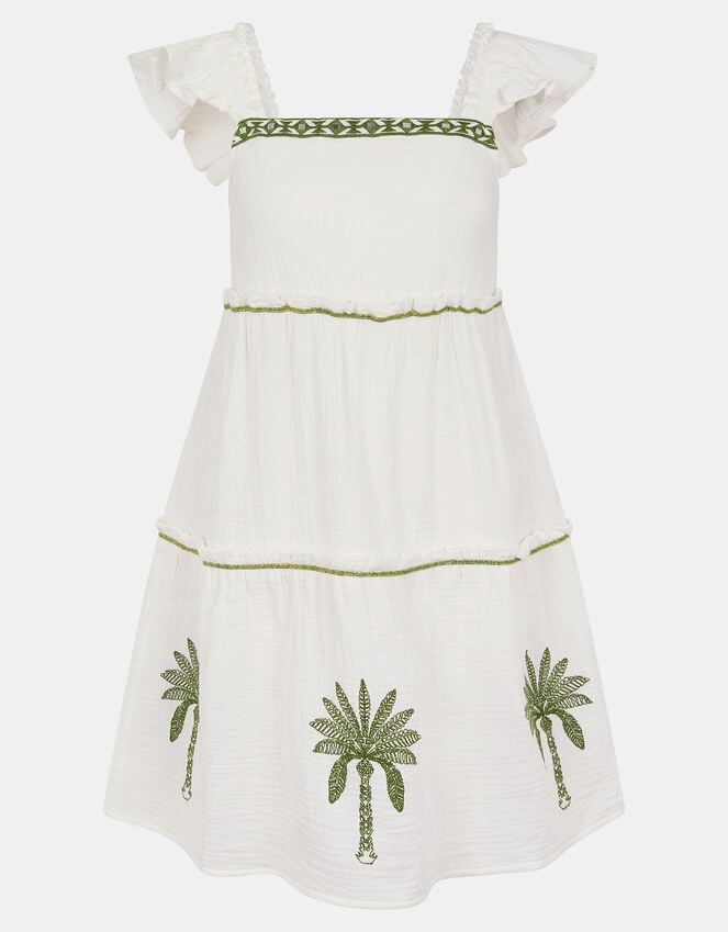 Accessorize Palm Embroidered Frilly Mini Dress Ivory