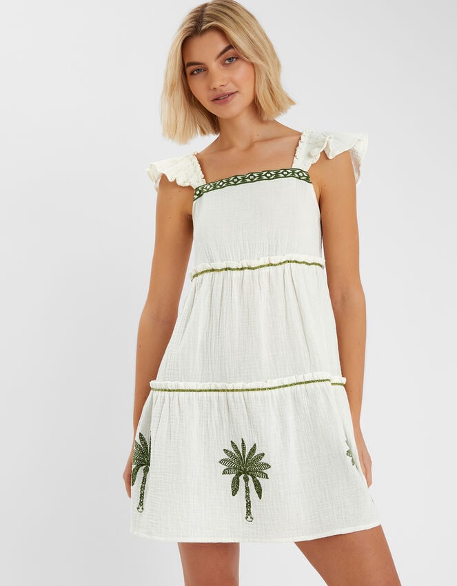 accessorize Palm Embroidered Frilly Mini Dress Ivory