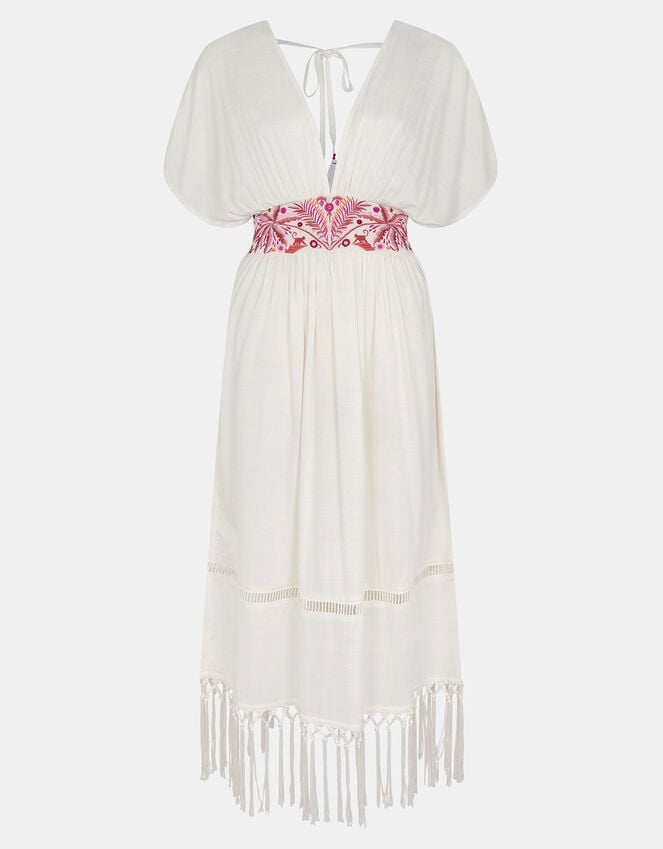 Accessorize Palm Embroidered Fringe Kaftan Dress Ivory
