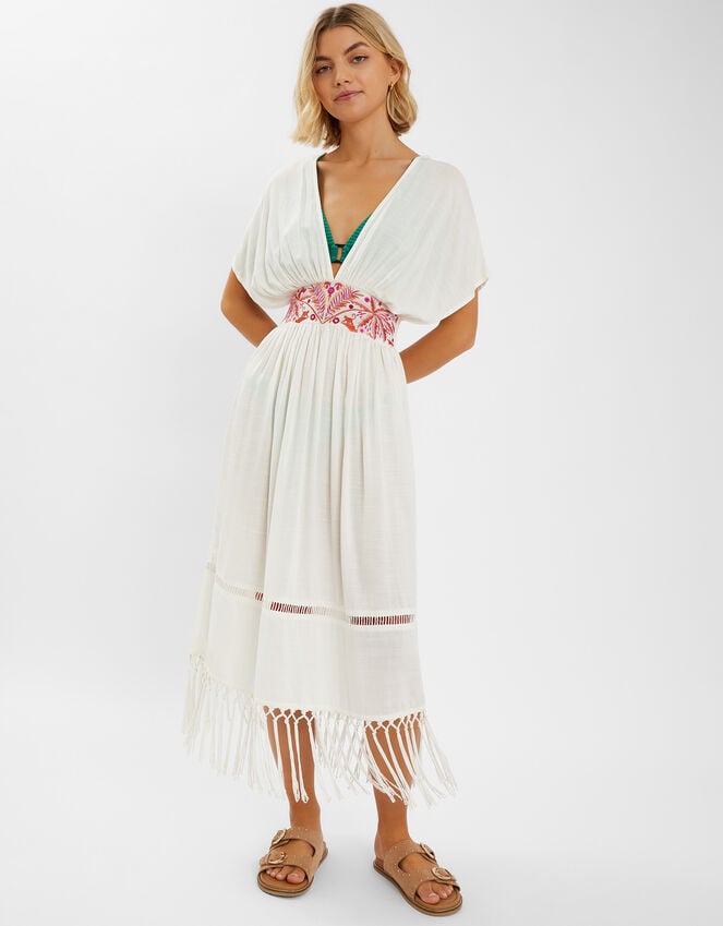 accessorize Palm Embroidered Fringe Kaftan Dress Ivory