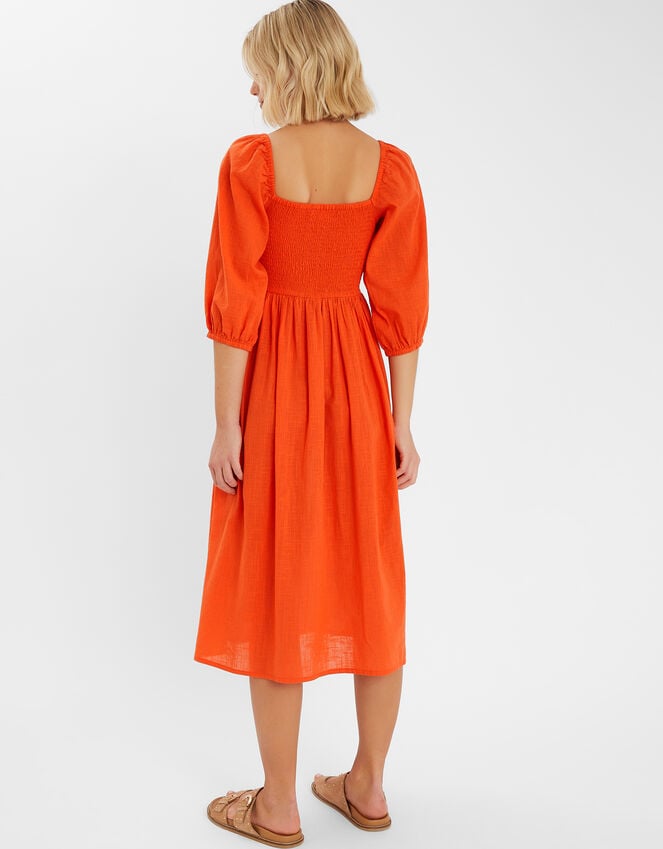 Accessorize Palm Embroidered Puff-Sleeve Midi Dress Orange