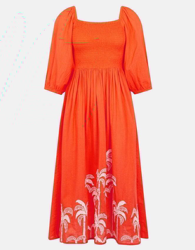 Accessorize Palm Embroidered Puff-Sleeve Midi Dress Orange