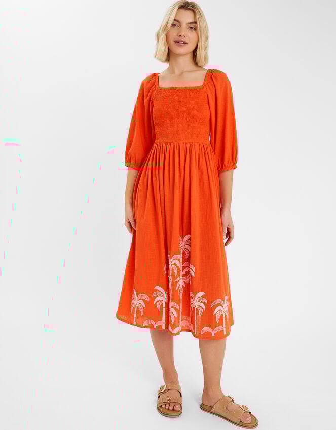 accessorize Palm Embroidered Puff-Sleeve Midi Dress Orange