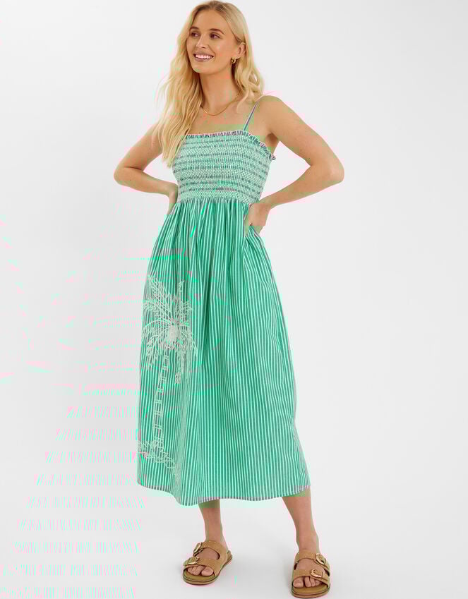 accessorize Palm Embroidered Stripe Midi Dress Green