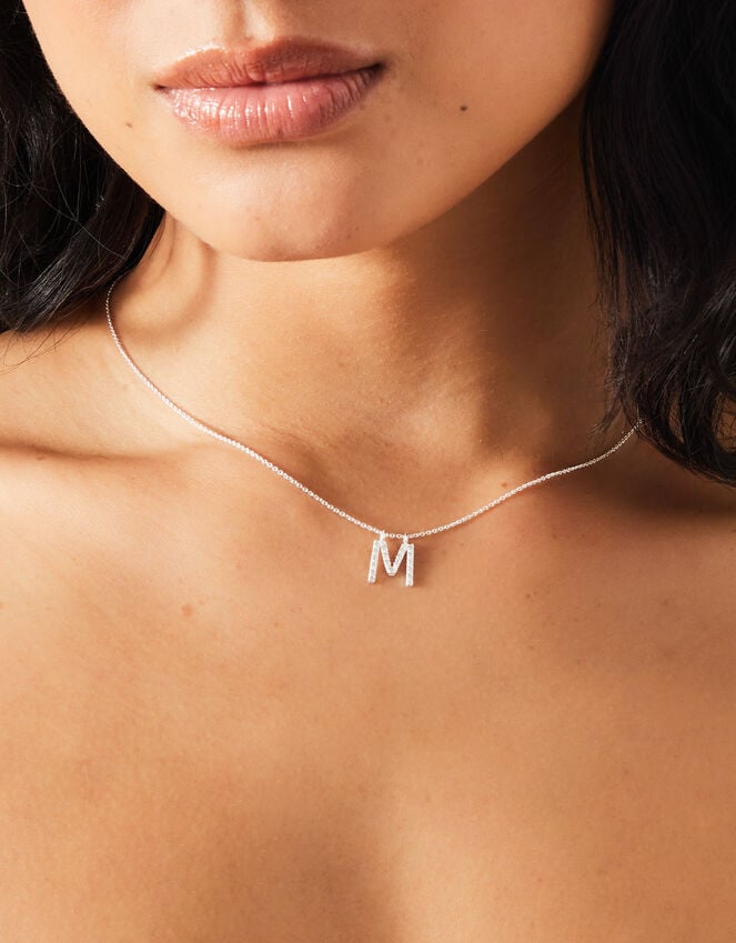 Accessorize Sterling Silver Diamante Initial Pendant Necklace White