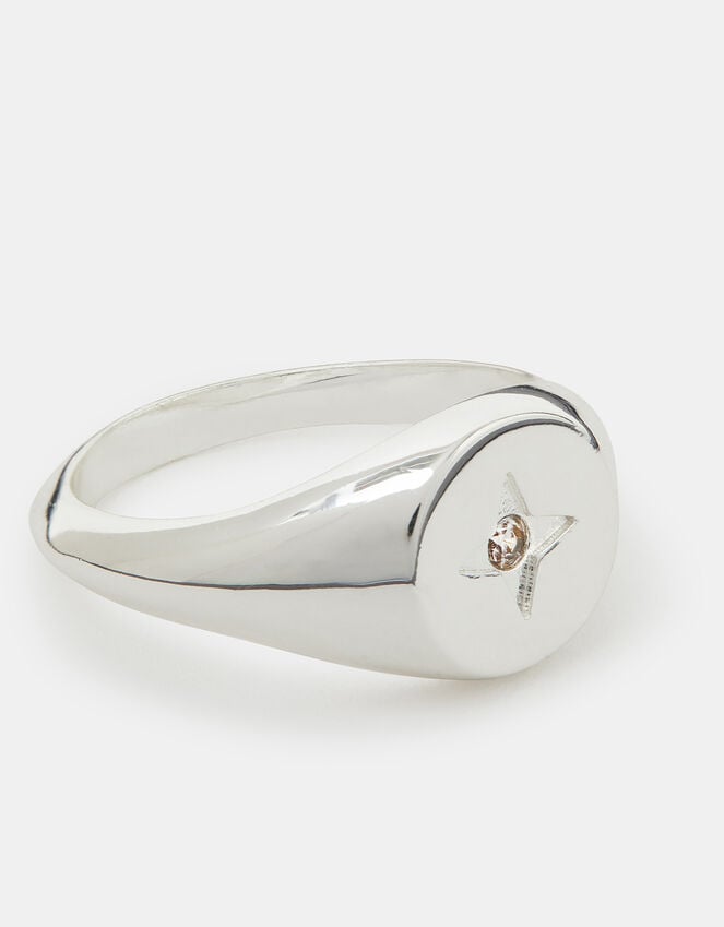 accessorize Sterling Silver-Plated Star Diamanté Signet Ring Silver